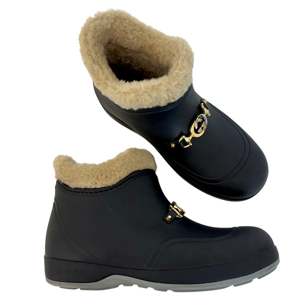 Gucci Crosby Rubber Ankle Boots Shearling Lining GG Horsebit Women's 40 (US10)